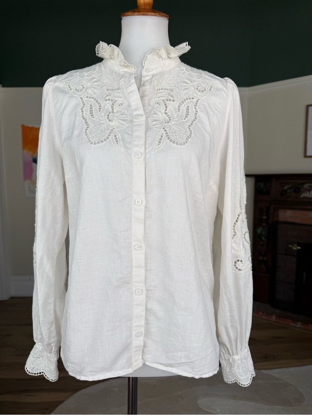 Sézane Lilia Blouse White Linen Cotton Embroidered Lace Ruffle Collar FR38 US6 - Picture 2 of 11